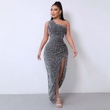 💃Christmas Gift 50% OFF!!💋Women's Glitter Sequins One Shoulder Ruched Split Thigh Bodycon Dress