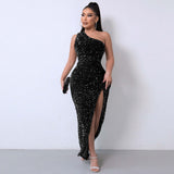 💃Christmas Gift 50% OFF!!💋Women's Glitter Sequins One Shoulder Ruched Split Thigh Bodycon Dress