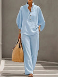 Women’s Batwing Sleeve Linen Cotton Two-Piece Set – Casual Shirt & Wide Leg Pants Outfit